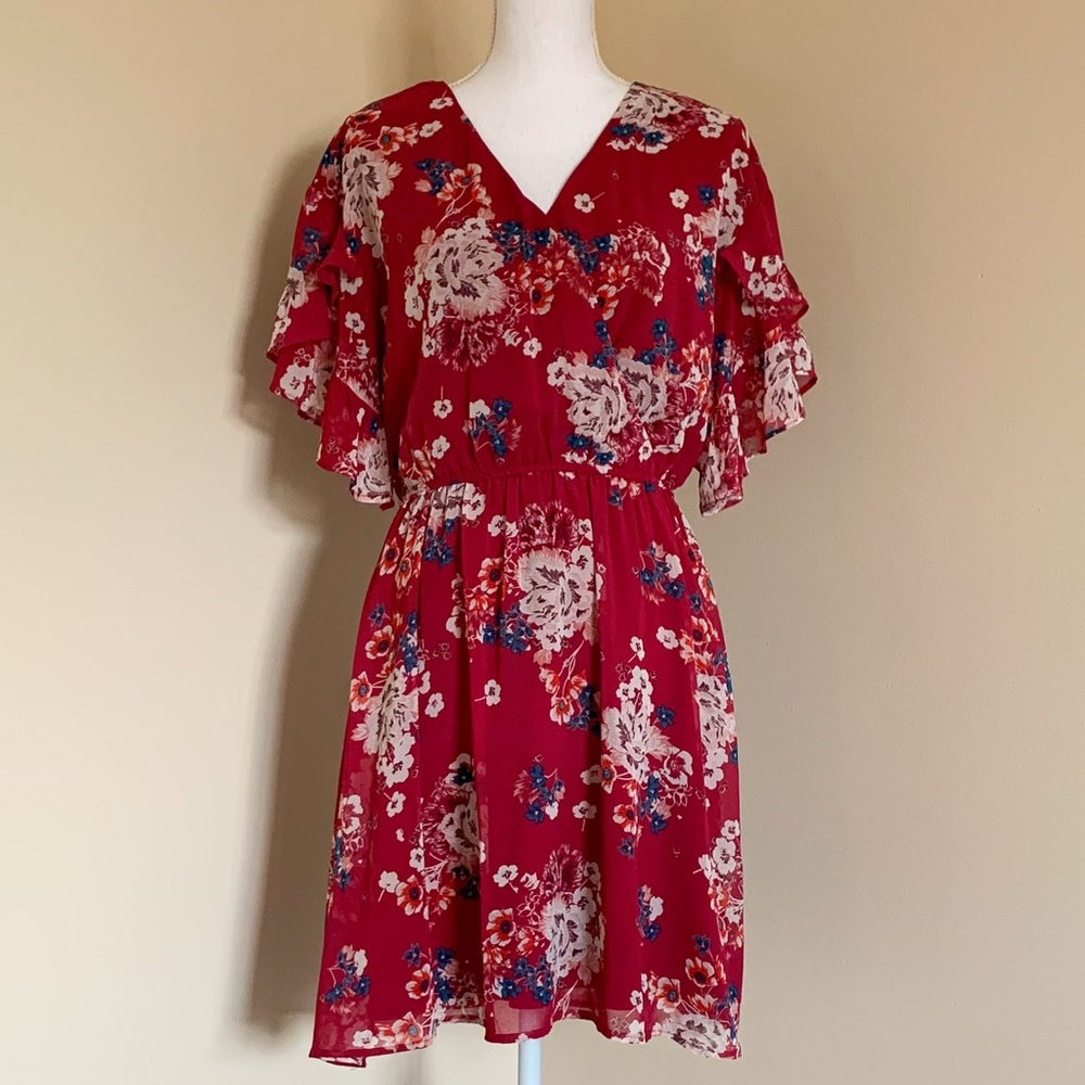 EUC Charming Charlie Red Ruffle Midi Length Floral Print Dress (Size Large)